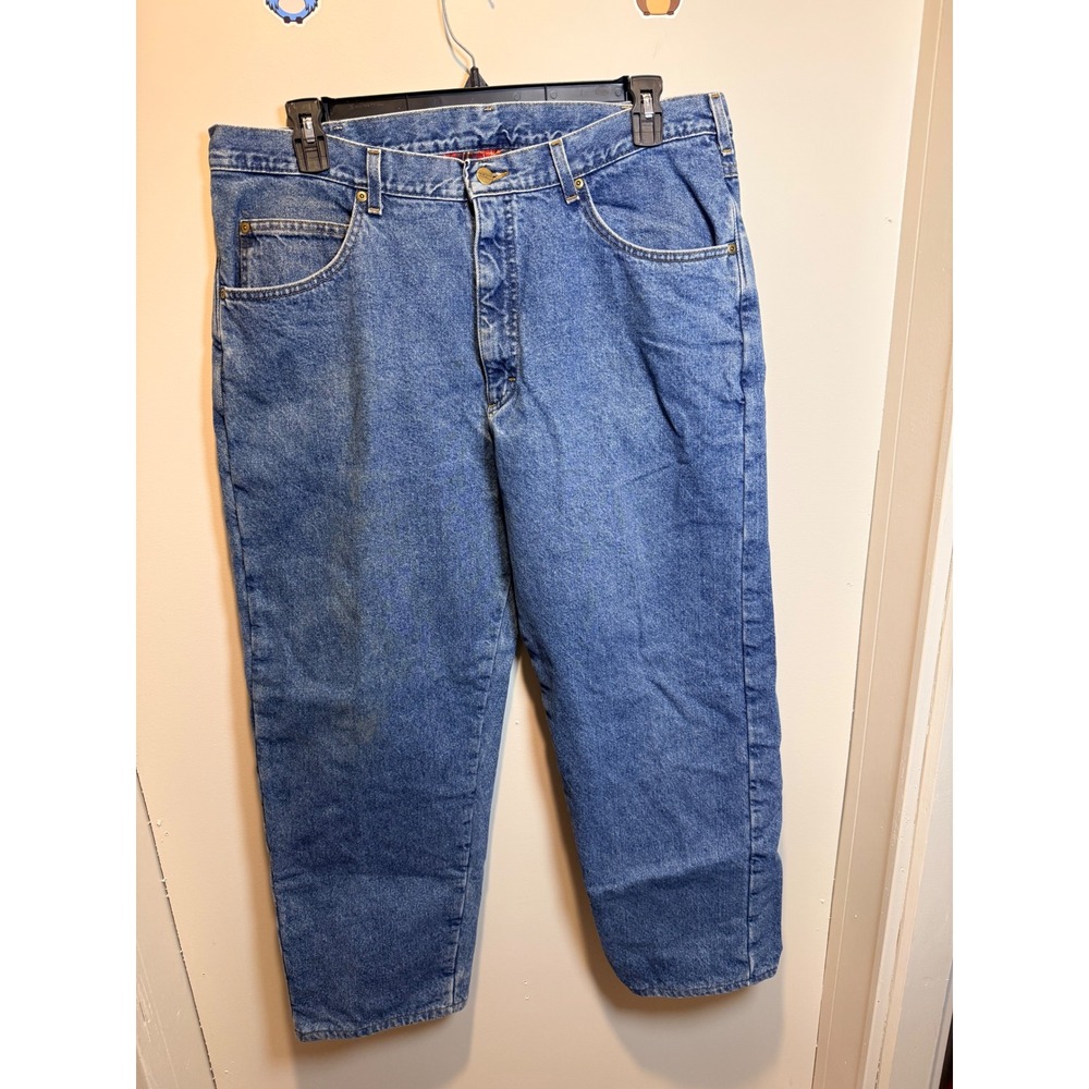 LLBean Mens Lined Jeans‎ Size 40x30 Blue Denim Plaid Flannel Lined Work Pants